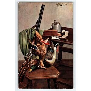 Signed Muller Artist Postcard Still Life with Hunting Theme Standard Size
